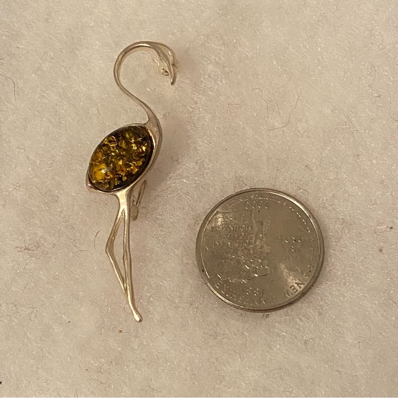 BROOCH PIN FLAMINGO BIRD STERLING SILVER 925 AMBER YELLOW STONE - Picture 5 of 8